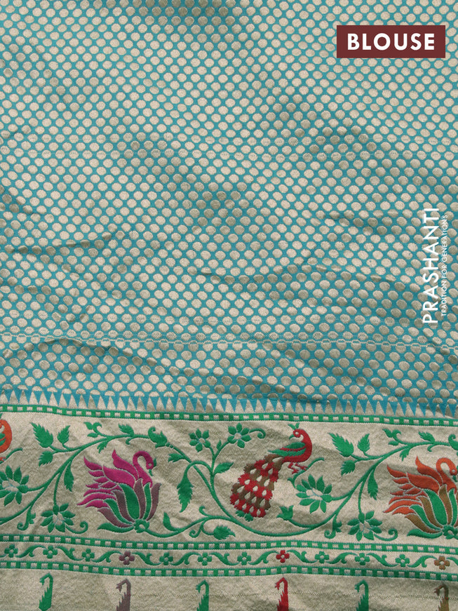 Banarasi georgette silk saree dark blue and teal blue with allover zari woven buttas and zari woven peacock design zari woven paithani border