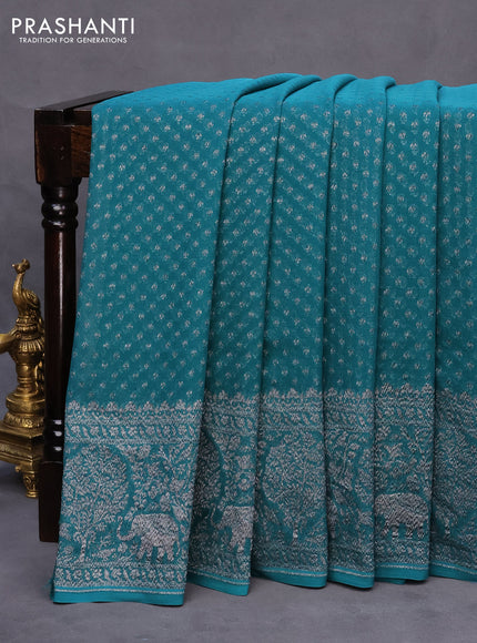 Banarasi georgette silk saree peacock green and teal blue with allover thread & zari butta weaves and long woven border