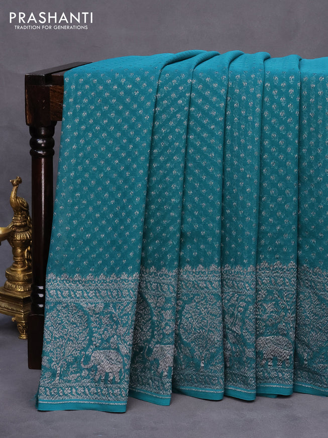 Banarasi georgette silk saree peacock green and teal blue with allover thread & zari butta weaves and long woven border