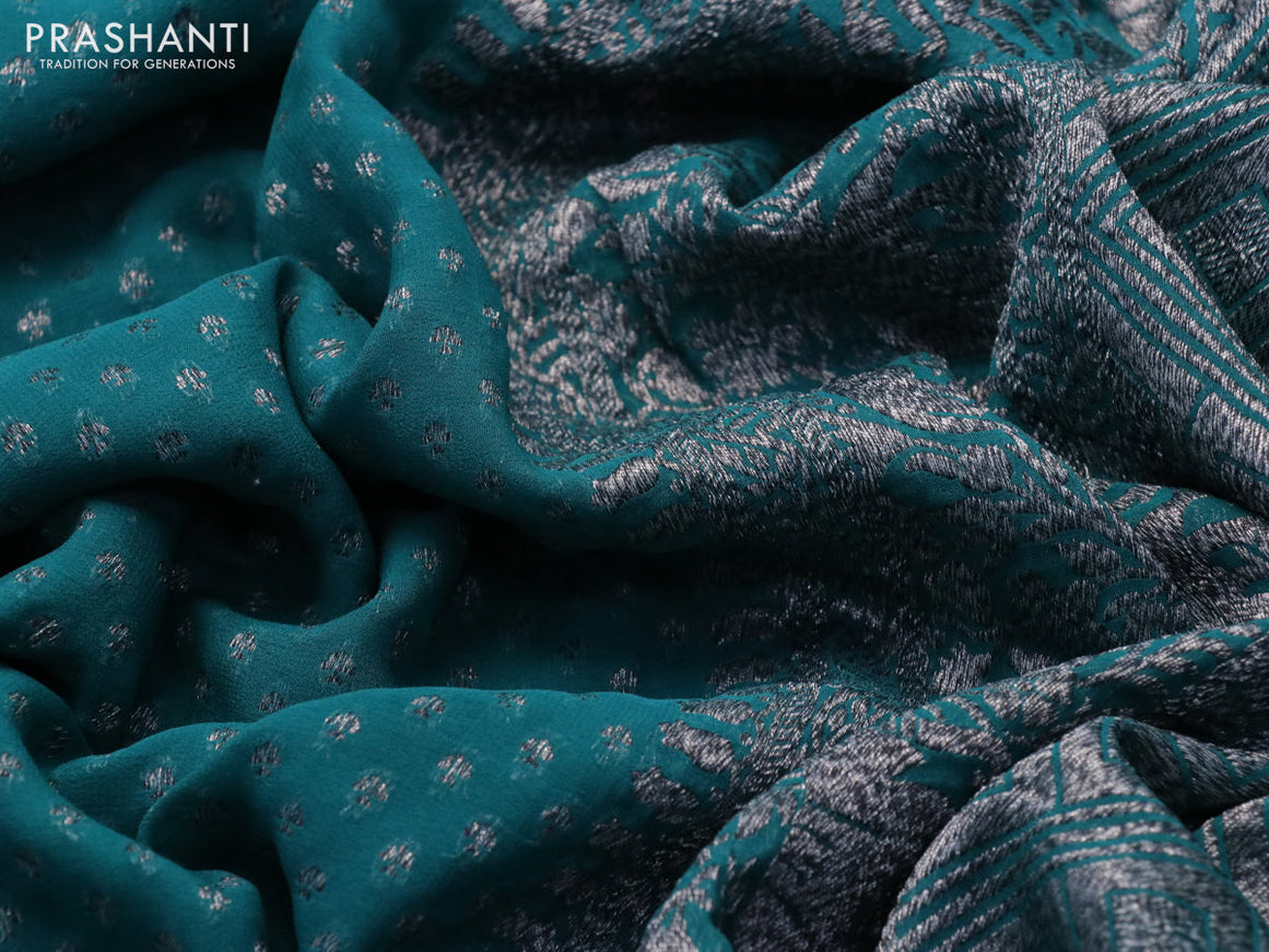 Banarasi georgette silk saree peacock green and teal blue with allover thread & zari butta weaves and long woven border