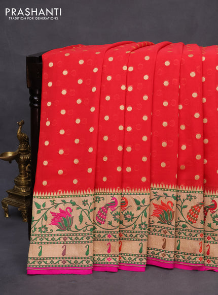 Banarasi georgette silk saree red and pink with allover zari woven butta weaves and zari woven peacock design zari woven paithani border