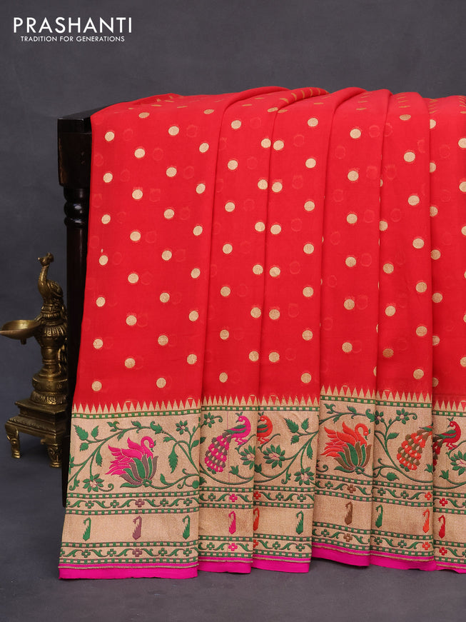 Banarasi georgette silk saree red and pink with allover zari woven butta weaves and zari woven peacock design zari woven paithani border