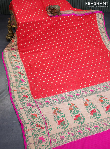 Banarasi georgette silk saree red and pink with allover zari woven butta weaves and zari woven peacock design zari woven paithani border