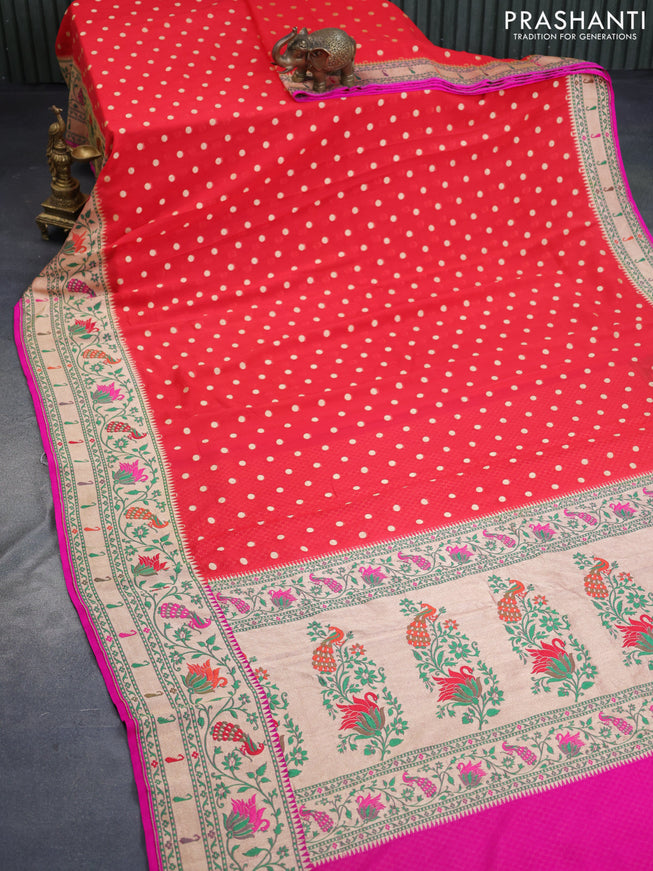 Banarasi georgette silk saree red and pink with allover zari woven butta weaves and zari woven peacock design zari woven paithani border