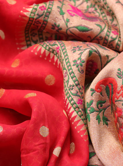 Banarasi georgette silk saree red and pink with allover zari woven butta weaves and zari woven peacock design zari woven paithani border