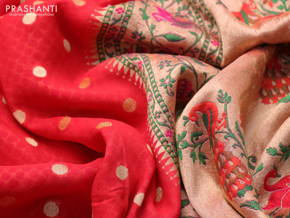 Banarasi georgette silk saree red and pink with allover zari woven butta weaves and zari woven peacock design zari woven paithani border