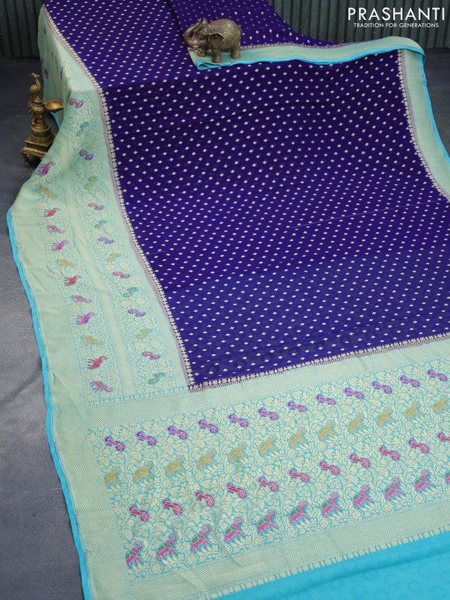 Banarasi georgette silk saree blue and light blue with allover zari woven butta weaves and long zari woven border