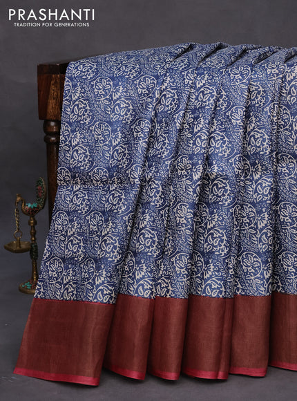 Pure tussar silk saree dark blue and maroon with allover prints and zari woven border