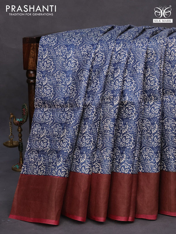 Pure tussar silk saree dark blue and maroon with allover prints and zari woven border