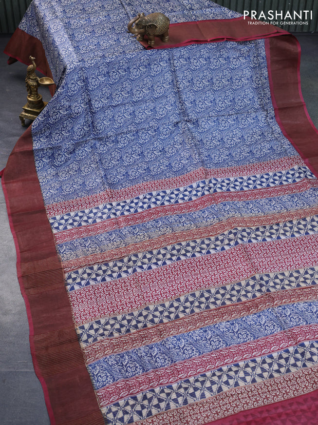 Pure tussar silk saree dark blue and maroon with allover prints and zari woven border