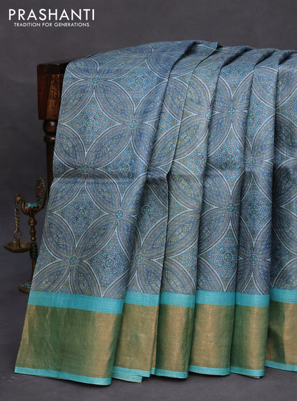 Pure tussar silk saree pastel grey and light blue with allover prints and zari woven border