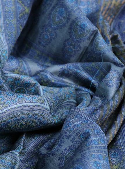 Pure tussar silk saree pastel grey and light blue with allover prints and zari woven border