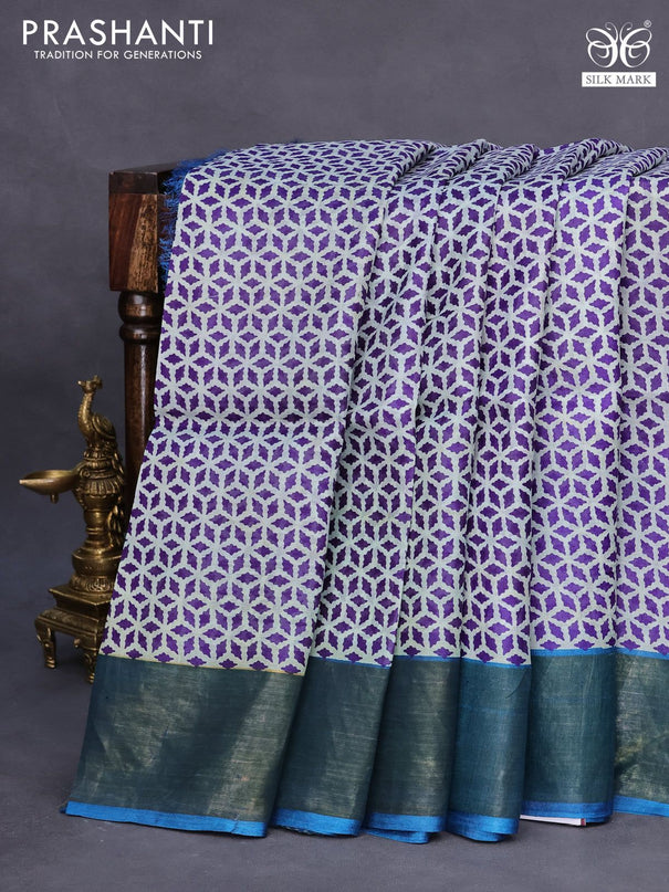 Pure tussar silk saree violet off white and cs blue with allover prints and zari woven border