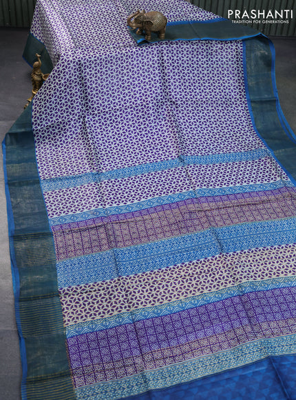 Pure tussar silk saree violet off white and cs blue with allover prints and zari woven border