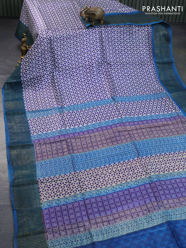 Pure tussar silk saree violet off white and cs blue with allover prints and zari woven border