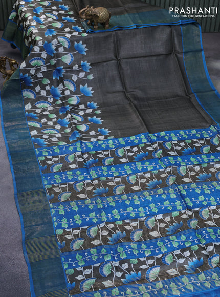 Pure tussar silk saree dark grey and cs blue with kalamkari prints and zari woven border