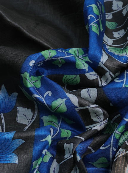 Pure tussar silk saree dark grey and cs blue with kalamkari prints and zari woven border