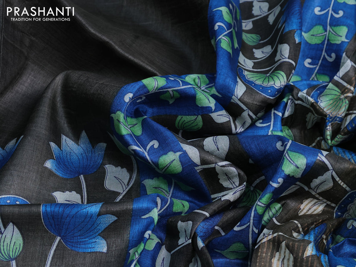 Pure tussar silk saree dark grey and cs blue with kalamkari prints and zari woven border