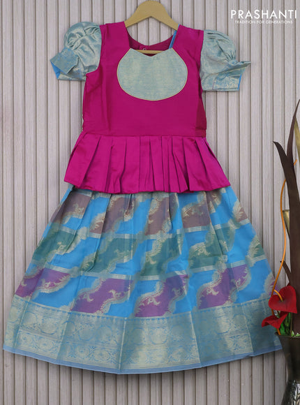 Banarasi kids lehenga pink and light blue with patch work neck pattern and thread zari weaves & woven border