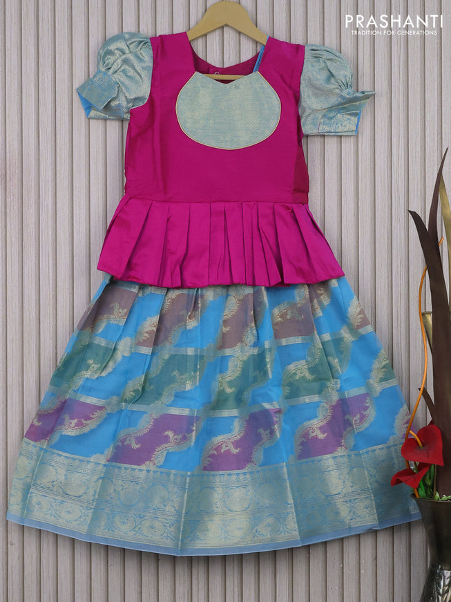 Banarasi kids lehenga pink and light blue with patch work neck pattern and thread zari weaves & woven border