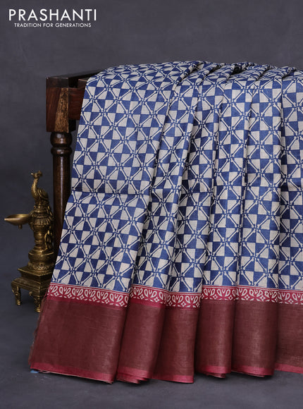 Pure tussar silk saree peacock blue and maroon with allover geometric prints and zari woven border