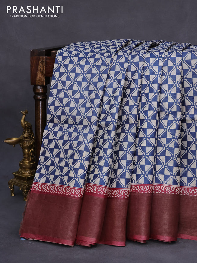 Pure tussar silk saree peacock blue and maroon with allover geometric prints and zari woven border