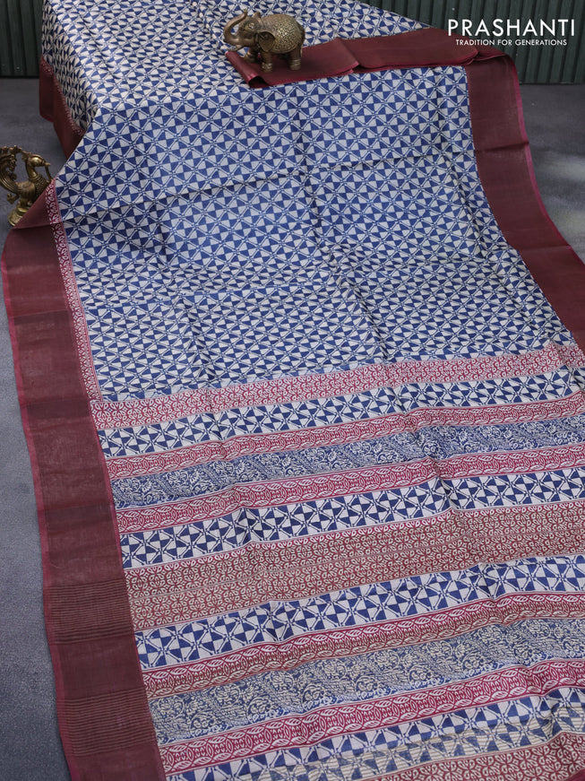 Pure tussar silk saree peacock blue and maroon with allover geometric prints and zari woven border