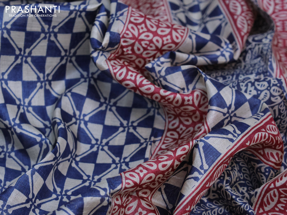 Pure tussar silk saree peacock blue and maroon with allover geometric prints and zari woven border