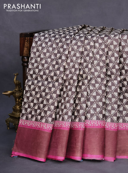 Pure tussar silk saree coffee brown and pink with allover geometric prints and zari woven border