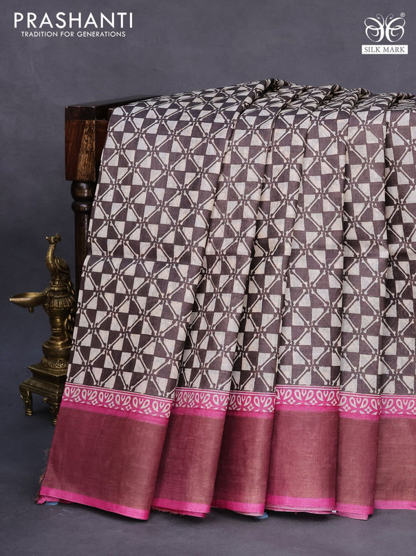 Pure tussar silk saree coffee brown and pink with allover geometric prints and zari woven border