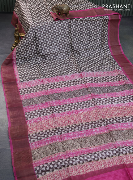 Pure tussar silk saree coffee brown and pink with allover geometric prints and zari woven border