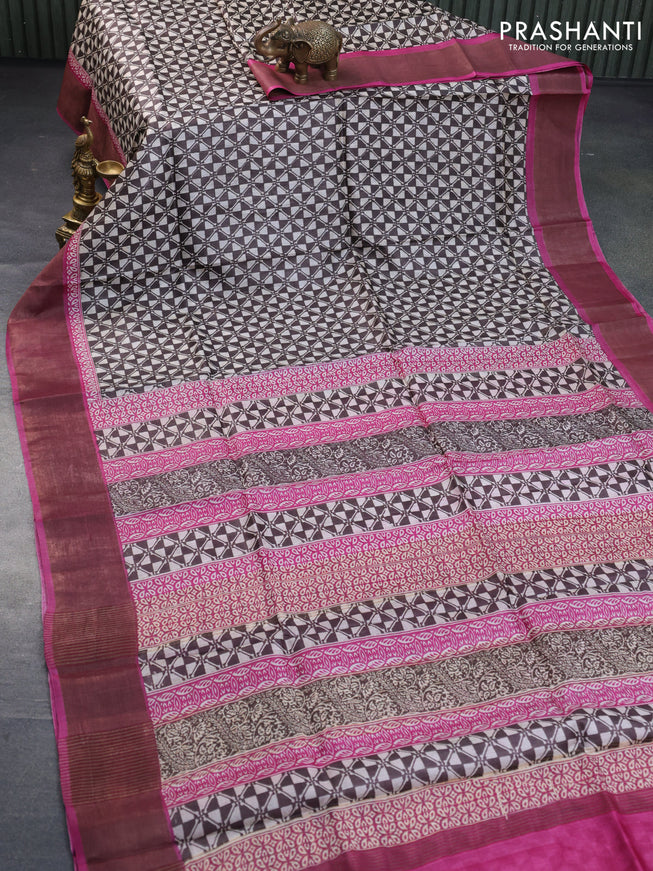 Pure tussar silk saree coffee brown and pink with allover geometric prints and zari woven border