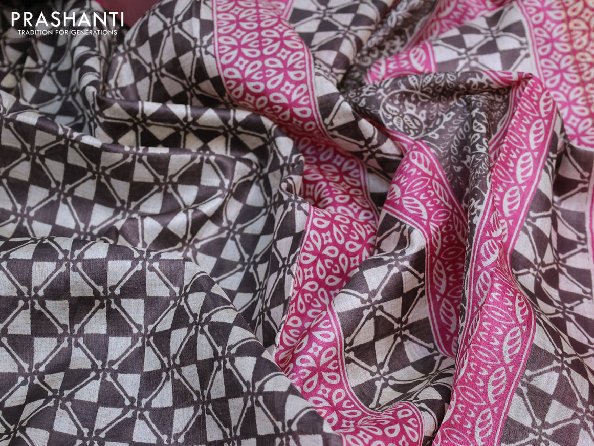 Pure tussar silk saree coffee brown and pink with allover geometric prints and zari woven border