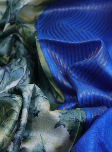 Pure tussar silk saree pastel blue shade and cs blue with allover leaf prints and zari woven border