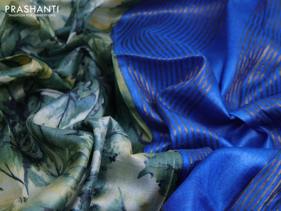 Pure tussar silk saree pastel blue shade and cs blue with allover leaf prints and zari woven border