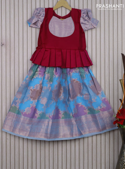 Banarasi kids lehenga magenta pink and light blue with patch work neck pattern and thread zari weaves & woven border