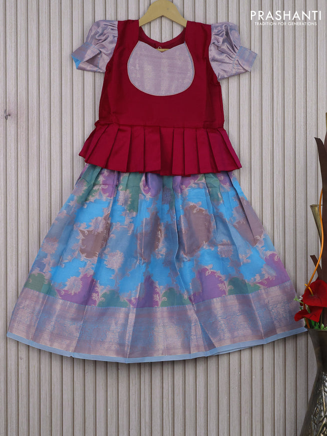 Banarasi kids lehenga magenta pink and light blue with patch work neck pattern and thread zari weaves & woven border