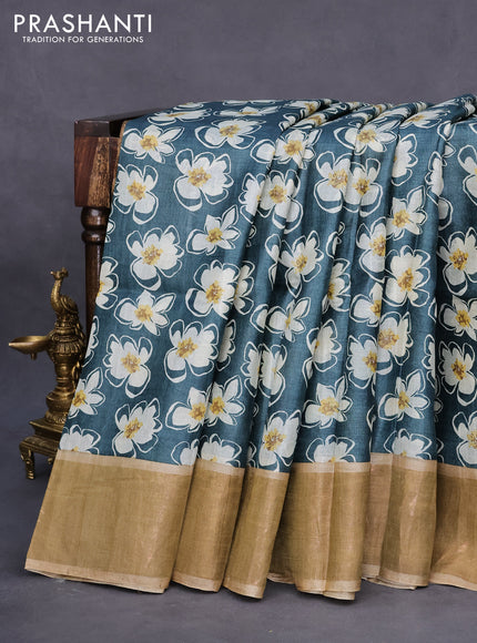 Pure tussar silk saree green and beige with allover floral prints and zari woven border