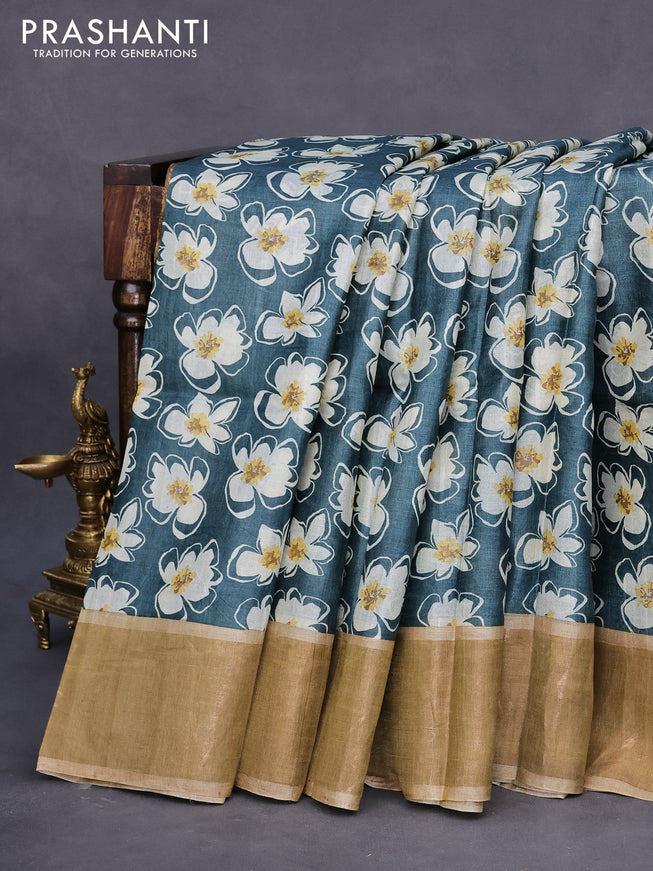 Pure tussar silk saree green and beige with allover floral prints and zari woven border