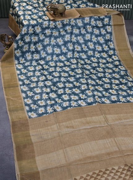 Pure tussar silk saree green and beige with allover floral prints and zari woven border