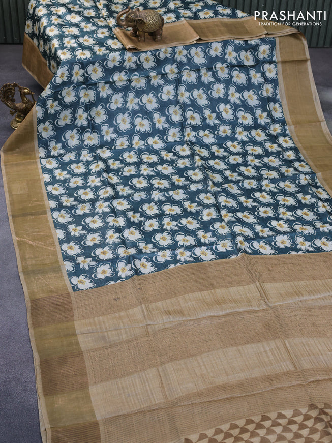 Pure tussar silk saree green and beige with allover floral prints and zari woven border