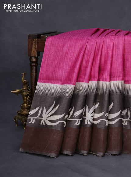 Pure tussar silk saree dark pink and grey with plain body and zari woven border