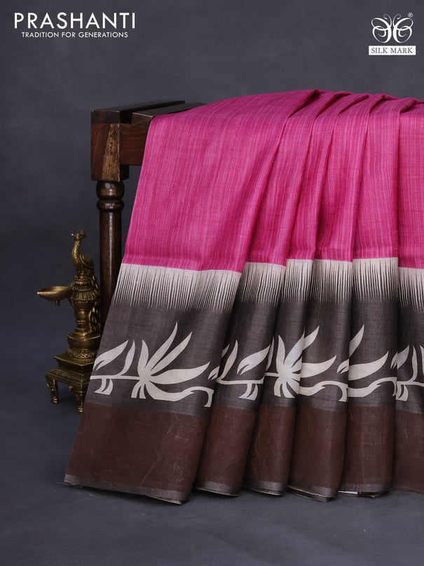 Pure tussar silk saree dark pink and grey with plain body and zari woven border