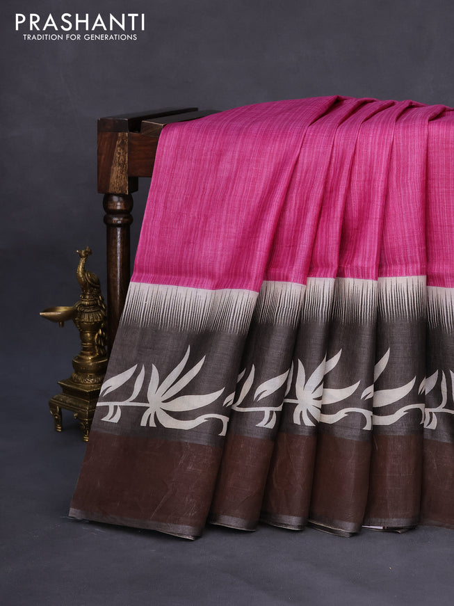 Pure tussar silk saree dark pink and grey with plain body and zari woven border