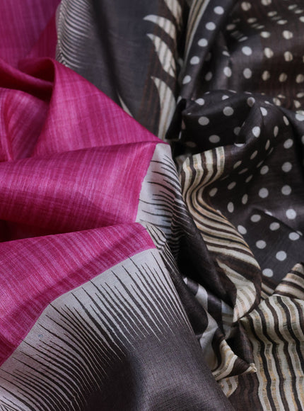 Pure tussar silk saree dark pink and grey with plain body and zari woven border