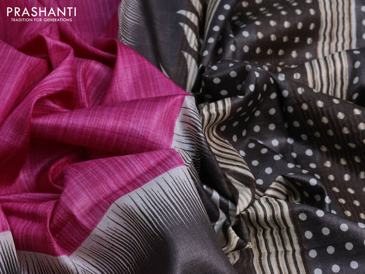 Pure tussar silk saree dark pink and grey with plain body and zari woven border