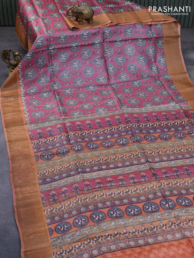 Pure tussar silk saree pink shade and peach shade with allover pichwai prints and zari woven border