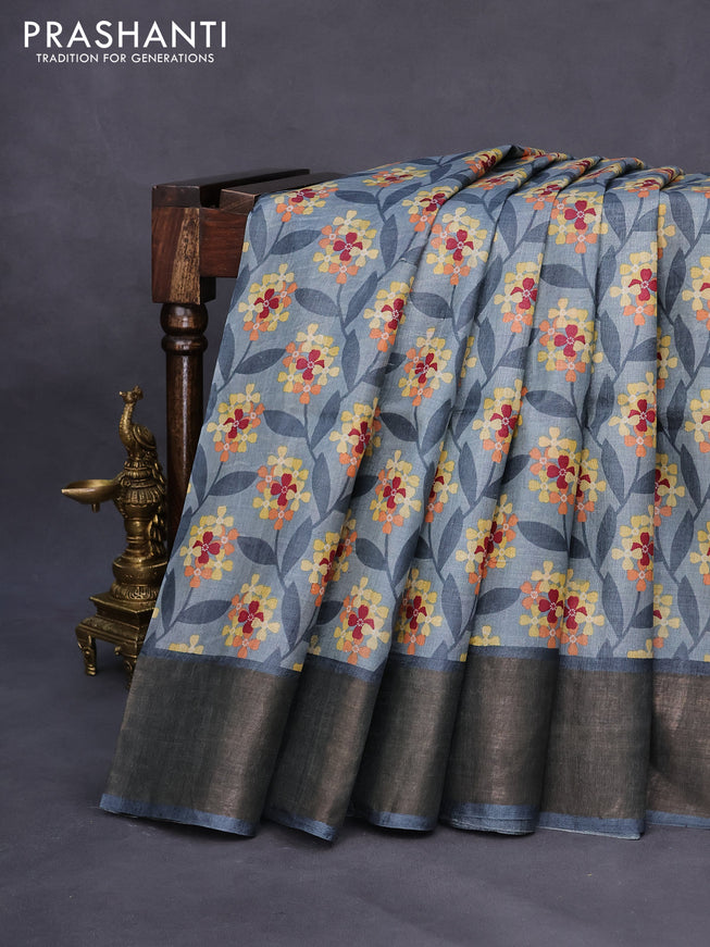 Pure tussar silk saree grey with allover floral prints and zari woven border