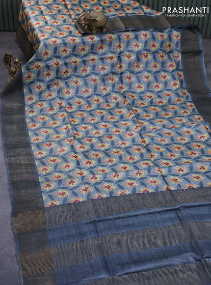 Pure tussar silk saree grey with allover floral prints and zari woven border