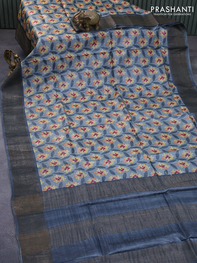 Pure tussar silk saree grey with allover floral prints and zari woven border